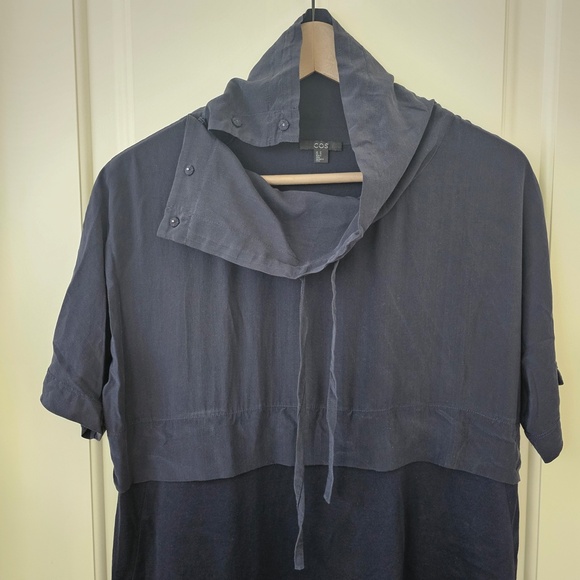 COS Dark Navy Cotton & Silk Cowl Neck Relaxed Fit W Pockets Dress M - Picture 5 of 8